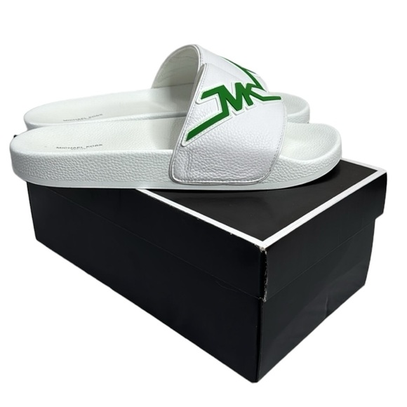 MICHAEL KORS NWT MEN’S WHITE GREEN LEATHER SLIDES SANDALS SIZE 12 - Picture 9 of 9